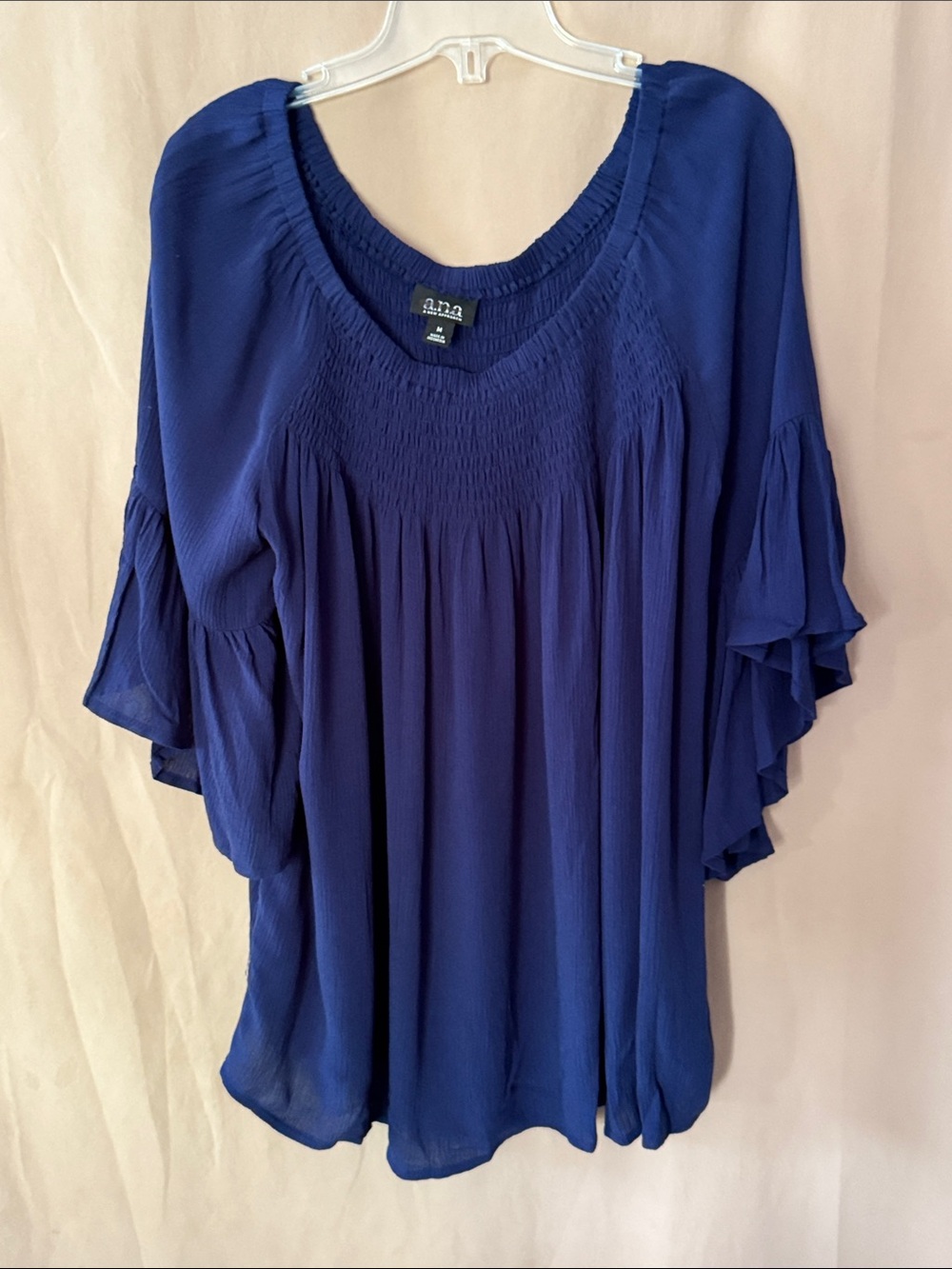 a.n.a Navy Blue Smocked Yoke Flutter Sleeve Tunic